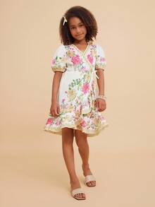 Travachic KIDS 青少年女孩休闲花卉印花短袖连衣裙，母子装（2 件单独出售） - 白色 - 查看 3