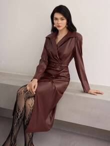 Heiryn 秋冬新款韩版通勤时尚立领配腰带时尚褶皱修身 PU 仿皮连衣裙 - 咖啡棕 - 查看 3