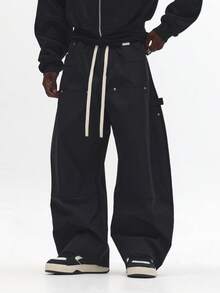 SUMWON Wide Leg Nylon Carpenter Pants With Multiple Utility Pockets Drawstring Waist Metal Eyelets Relaxed Fit Street Style Weekend Casual Work Utility Trousers