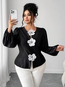 Elenzga Women's Elegant Casual 3D Floral Satin Long Sleeve Blouse