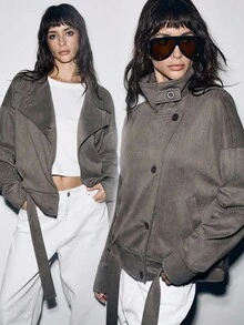 Lumivelle 女士秋冬休闲宽松下摆抽绳腰部仿麂皮连帽短款风衣 - 灰色 - 查看 1