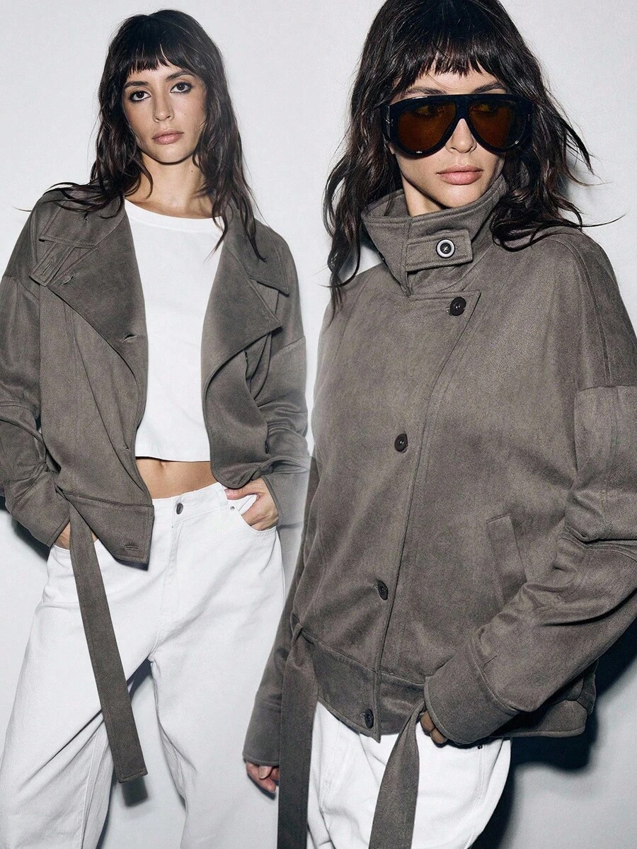 Lumivelle 女士秋冬休闲宽松下摆抽绳腰部仿麂皮连帽短款风衣 - 灰色 - 查看 1