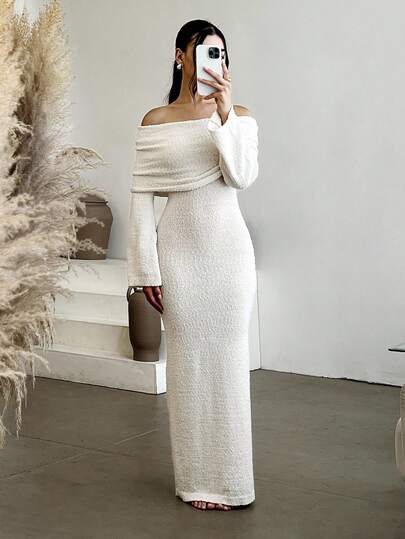 Andrea Bello Women's Solid Knit Off-Shoulder Long Sleeve Dress, Fall And Winter Christmas Wedding Cocktail Party Formal Gown, Suitable For Vacation,  Going Out, Concert, Party, Club Outfits, Date, Night Out,Beach  Outfits,Garden Wedding Guest Dress, Elegant Dress For Women, Fall Dress,For Autumn And Winter