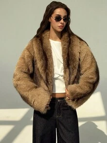 Aloruh Women's Winter Long Sleeve Open Front Fashionable Loose Faux Fur Coat