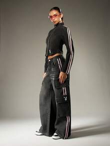 Missguided x Playboy Retro Y2K Moto Style Crop Denim Jacket Racing Stripe Varsity Zip Front Jacket Edgy Design Side Stripe Distressed Biker Streetwear