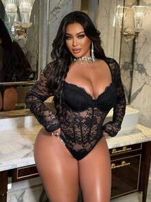 NU&NOW Plus Size Women Lace Bodysuit, Elegant Fitted Long Sleeve Bodysuit, All Season