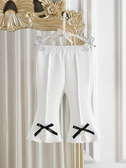 SHEIN 女宝宝纯色3D蝴蝶结装饰开衩裤，适合外出，春秋季