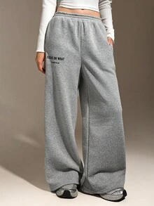 Hanevo Teenager Mädchen Lässige Streetstyle Basis Hose mit Buchstaben Muster in Grau meliert - Grau - Übersicht 4
