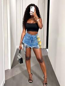 BamGleam Women's Plaid Denim Effect Button Design Asymmetric Hem Skirt - Blue - View 3