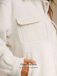 GLOWMODE 冬季寒冷保暖绗缝羊毛加厚极地翻盖口袋及臀羊毛混纺衬衫夹克秋冬户外日常休闲 - 白色 - 查看 5