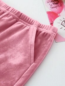 SHEIN 女宝宝时尚可爱天鹅绒长袖连帽夹克和松紧腰裤两件套 - 粉色 - 查看 6