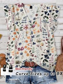 SHEIN CURVE+ 大码女式印花V领单排扣荷叶袖休闲T恤 - 彩色 - 查看 1