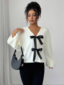 Elenzga 25-30+ 休闲派对秋冬人造毛皮 V 领前系带灯笼袖优雅女士薄夹克 - 杏色 - 查看 3