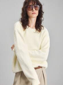 Ontre 2025新款超大羊毛混纺圆领长袖针织上衣，休闲都市风格，米色，宽松版型，适合秋季，商务休闲，通勤，日常穿着 - 杏色 - 查看 3