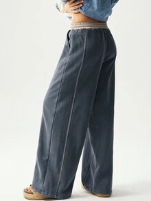 Bohemela Quần nỉ boho ống rộng dệt kim màu trơn đơn giản, lót nhiệt dành cho nữ, Thu/Đông - màu nâu - Xem 1