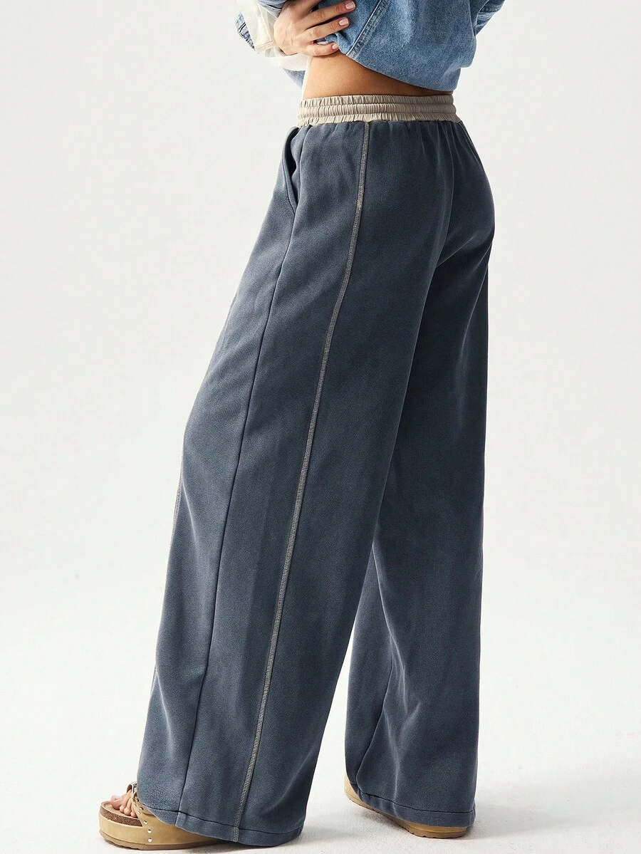 Bohemela Quần nỉ boho ống rộng dệt kim màu trơn đơn giản, lót nhiệt dành cho nữ, Thu/Đông - màu nâu - Xem 1