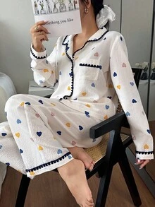 Dream Adore 女士彩色爱心印花撞色翻领长袖上衣和裤子睡衣套装，秋冬服装 - 彩色 - 查看 3