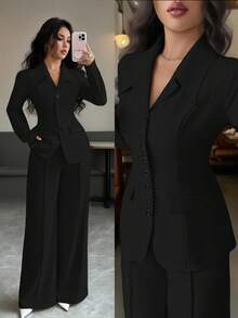 Elenzga 女士杏色厚面料V领西装外套设计黑色撞色纽扣假口袋教师制服优雅职业装，感恩节万圣节氛围，秋季新款时尚必备高端端庄长袖收腰宽松直筒裤两件套 - 黑色 - 查看 1