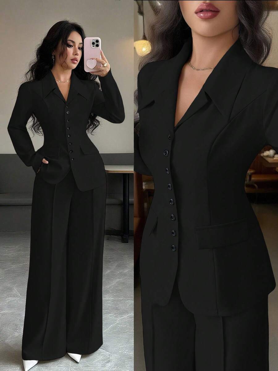 Elenzga 女士杏色厚面料V领西装外套设计黑色撞色纽扣假口袋教师制服优雅职业装，感恩节万圣节氛围，秋季新款时尚必备高端端庄长袖收腰宽松直筒裤两件套 - 黑色 - 查看 1