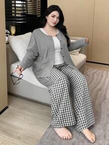 Dazy Plus 3pcs Solid Color Tank Top, Robe & Plaid Pants Pajama Set, Fashionable Plus Size Women Casual Sleepwear, Cozy Outfit Fall Winter Clothes