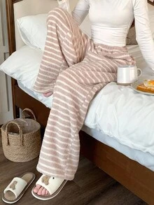 DAZY 女士条纹柔软毛绒宽松睡裤，冬季 - 卡其色 - 查看 8