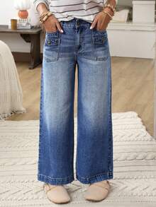 EMERY ROSE Women's Pocket Design Wide Leg Loose Casual Commuter Jeans Casual Street Patchwork Pocket Loose Wide Leg Jeans Women Jeans Baggy Loose Jeans - Blue - View 4