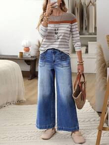 EMERY ROSE Women's Pocket Design Wide Leg Loose Casual Commuter Jeans Casual Street Patchwork Pocket Loose Wide Leg Jeans Women Jeans Baggy Loose Jeans - Blue - View 5