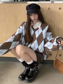 DAZY Women's Rhombus Pattern V-Neck Dropped Shoulder Long Sleeve Casual Sweater, Autumn/Winter - Grey - View 5