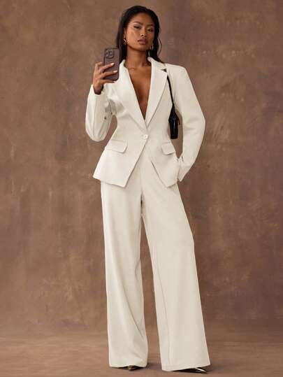 SHEIN BAE Women's Solid Color Lapel NeckLong Sleeve Jacket And Wide Leg Pants Casual Suit