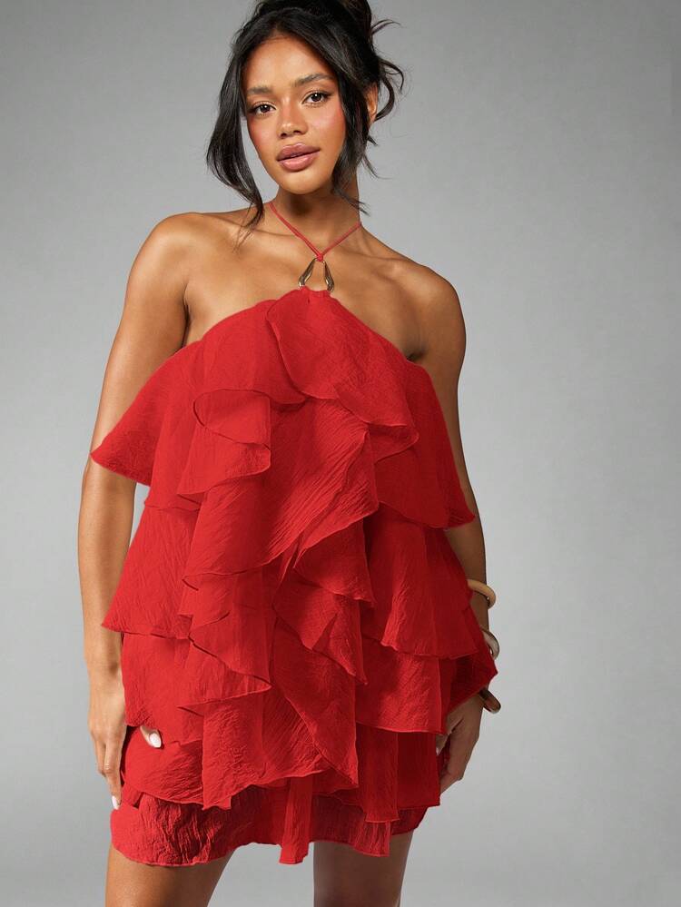 MISSGUIDED Vestido Mini Camadas Franzidas de Organza, Decote Halter, Fluido, Festa, Noite, Convidado de Casamento, Dama de Honra, Verão, Recepção, Ocasião Especial