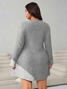 SHEIN EZwear 秋冬大码纯色罗纹针织休闲连衣裙 - 灰色 - 查看 2