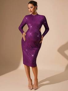 MaterniChic 镂空腰部长袖孕妇派对连衣裙 - 紫色 - 查看 6