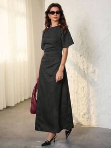 SHEIN Tall Váy kẻ sọc thời trang đi làm dành cho nữ - Đen và trắng - Xem 6