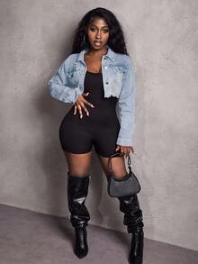 Slaydiva 女士休闲时尚做旧短款牛仔夹克，春秋季 - 淺色水洗藍 - 查看 7