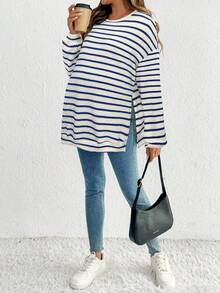 SHEIN Maternity Round Neck Drop Shoulder Striped Casual Split Hem Fashionable Sweatshirt