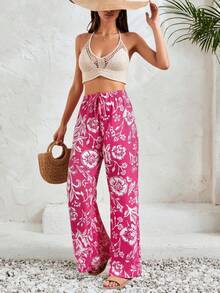 SHEIN Cottnline 花卉和植物印花休閒直腳褲 - 粉色 - 查看 3