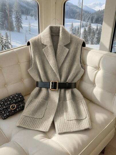 SHEIN PETITE Elegante chaleco de punto con bolsillo y cuello en V de estilo casual para mujer, de corta longitud