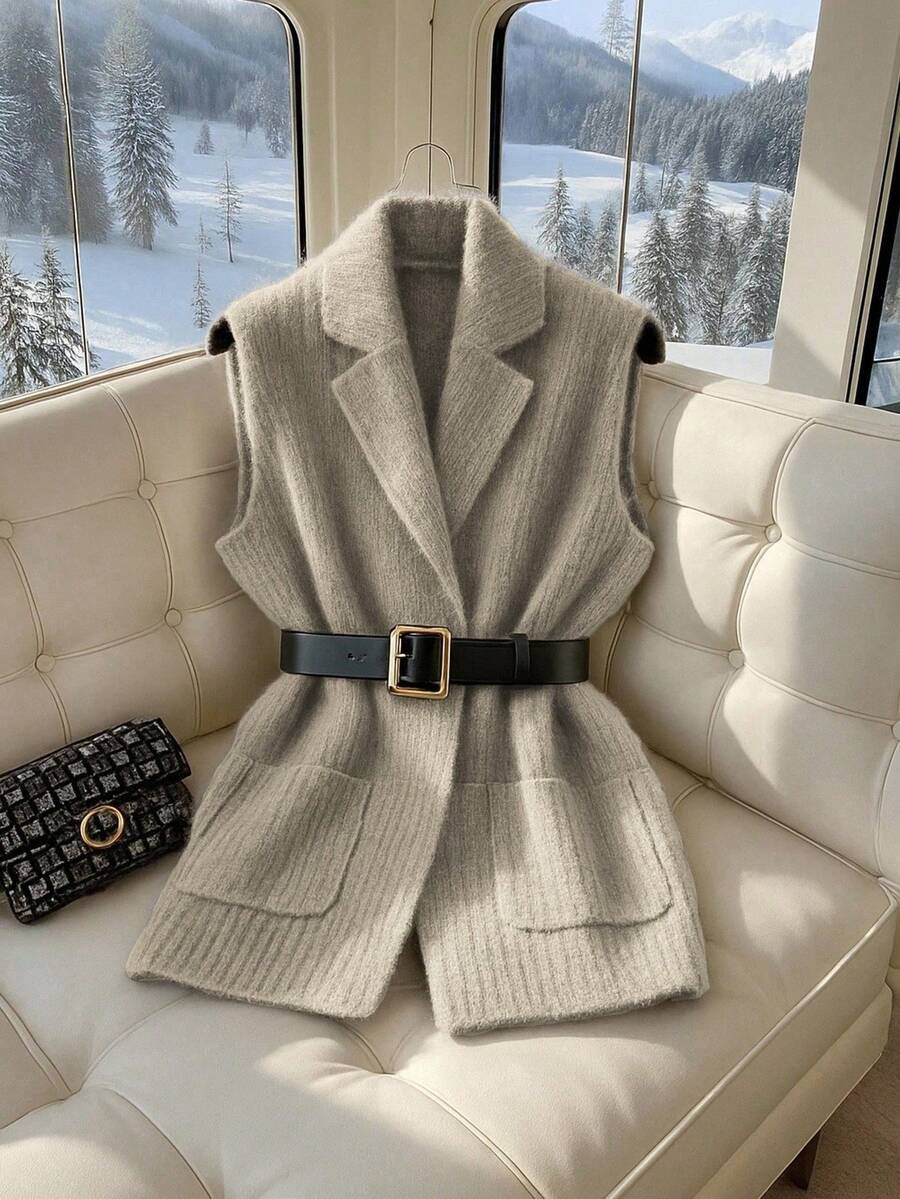 SHEIN PETITE Elegante chaleco de punto con bolsillo y cuello en V de estilo casual para mujer, de corta longitud