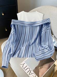 GlowEve 休闲时尚通勤日常浅蓝色条纹长袖二合一衬衫，女2025秋季新款时尚露肩长袖衬衫 - 彩色 - 查看 2