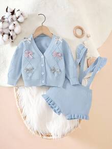 SHEIN Baby Girls Knitted Long Sleeve Cardigan Sweater + Suspender Romper Two Pieces Set, Elegant & Stylish, Suitable For Autumn/Winter, Versatile For Daily Casual, Indoor, Outdoor, And Travel Fall - Blue - View 1