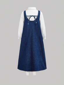 SHEIN Tween Girls Fashion Casual Soft Cute Navy Blue Denim Bowknot Pinafore Long Dress Fall Winter,Without Shirt,For Girls Dailywear Costume,Girls Streetwear Outfits,Halloween Outfits,Christmas Costume,Winter Clothes,Teen Dress - Dark Wash - View 3