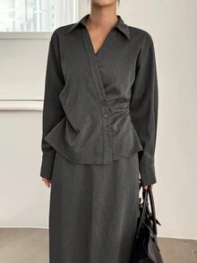 DAZY Solid Button Front Shirt & Split Hem Skirt Lounge Sets For Women - Dark Grey - View 7