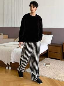 DAZY Men's Thermal Lined Black Top And Striped Pants Pajama Set, Autumn/Winter, Fall Clothes, Fluffy, Cozy