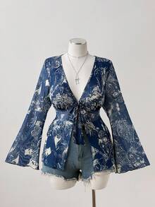 Sunspun Áo crop top tay dài dáng rộng cổ chữ V in họa tiết hoa màu xanh phong cách Bohemian, size lớn - Màu xanh lam - Xem 5