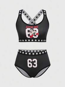 Astro Boy X ROMWE Women's Star Strap Cartoon Pattern Wireless Sports Bra & Brief Set - Black - View 1