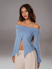 SHEIN TRNDY 1 Áo len dệt kim tay loe hở vai nhún bèo độc đáo dành cho nữ, màu xanh, thường ngày, thu/đông - Màu xanh nhạt - Xem 5