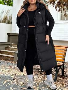 SHEIN CURVE+ Plus Size Women Black Hooded Bunny Ear Padded Vest Coat,Autumn Casual Hiking Puffer Vest,Curve Winter Clothes 8xl,6xl Fall Back To School Outfits - Black - View 5