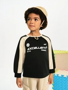 Maija Kids Maija Kids 男童休闲宽松撞色运动衫和裤子两件套，复古/图案印花套头连帽衫和工装裤，百搭返校运动服 - 杏色 - 查看 3