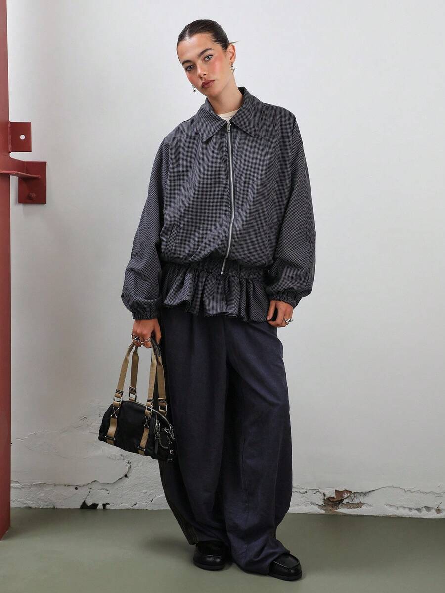 COUREZ Harrington Track Jacket With Frill Hem In Micro Check /Y2K Going Out Outfits Fall Women Clothes Winter Clothes For Women Club Outfits Outerwear AW Women Sexy Women's Winter Jacket