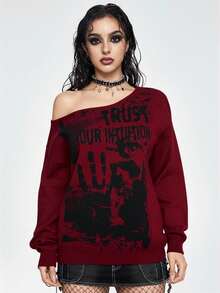 ROMWE Grunge Punk Suéter holgado de mujer con estampado de teñido anudado de esqueleto y hombros asimétricos, estilo vintage de festival de música